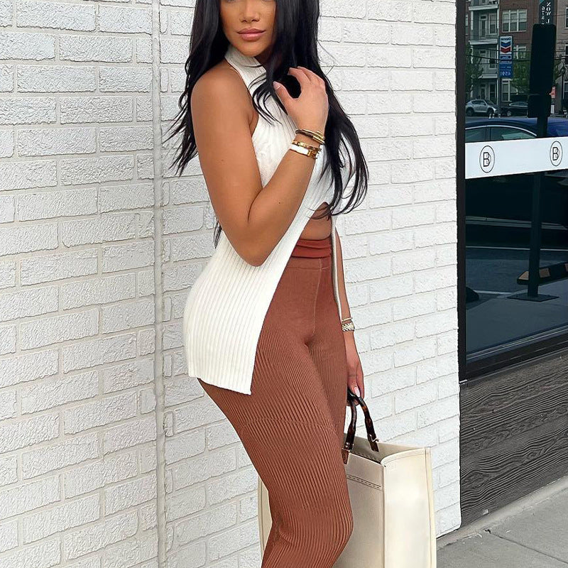 Knitted split medium long vest Europe and the United States spring and summer a generation of cross-border low-cut backless sexy blouse