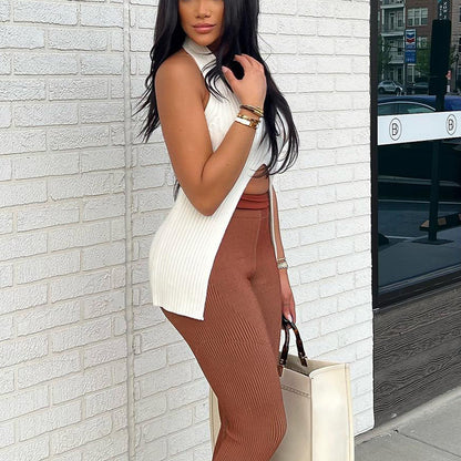 Knitted split medium long vest Europe and the United States spring and summer a generation of cross-border low-cut backless sexy blouse