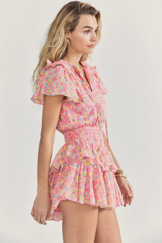 spring/summer new women's dress Europe and the United States style round neck tie short sleeve waist print ruffled edge layer dress female