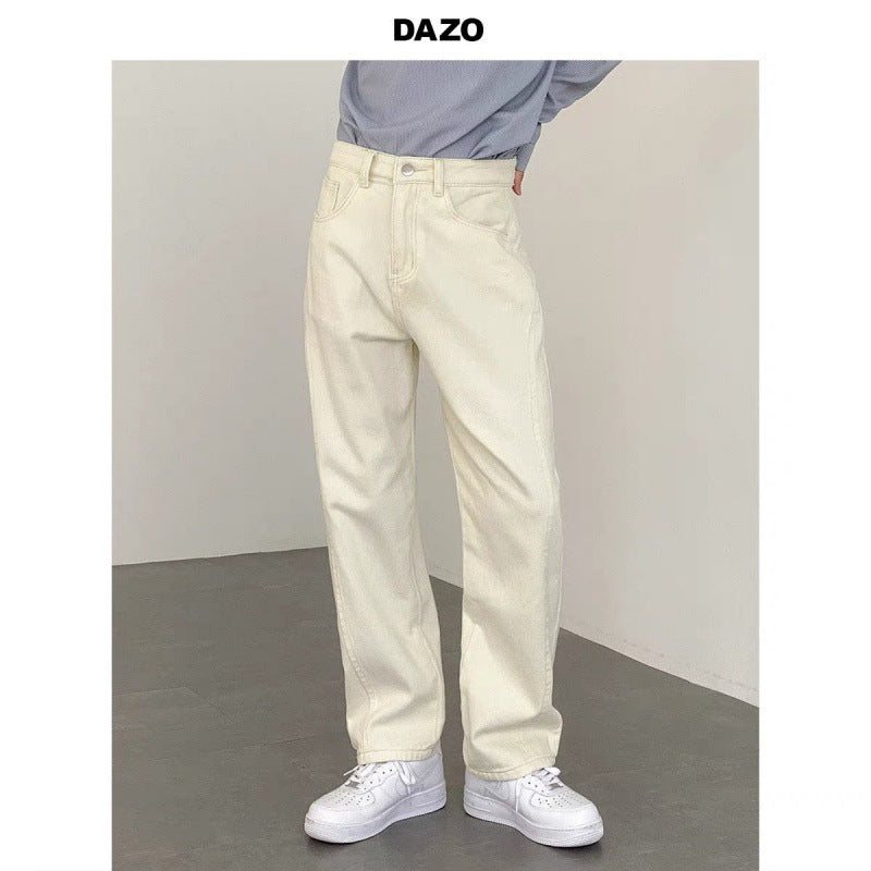 Men's Straight Leg Casual Jeans - Beige Loose Fit