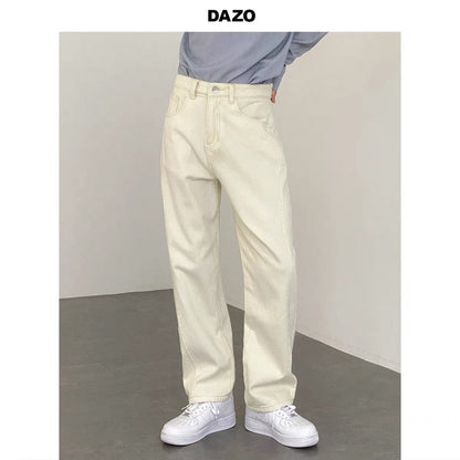 Men's Straight Leg Casual Jeans - Beige Loose Fit