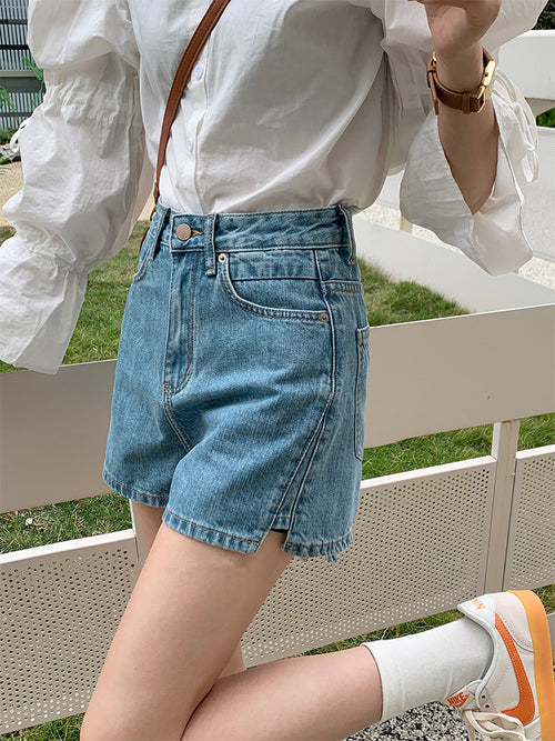 Denim shorts women summer new elastic fashion thin hot pants European high waist A line wide leg pants women