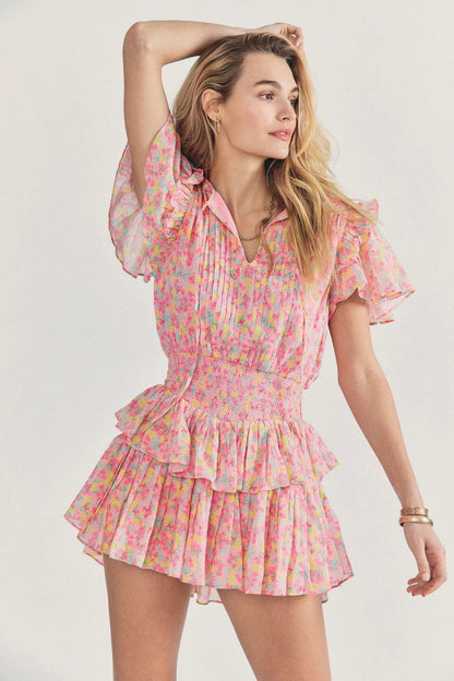 spring/summer new women's dress Europe and the United States style round neck tie short sleeve waist print ruffled edge layer dress female