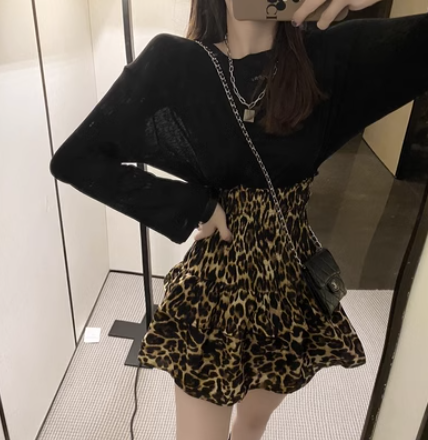 Half skirt women  new spring flounces leopard-print high waist skirt temperament women's small skirt ins