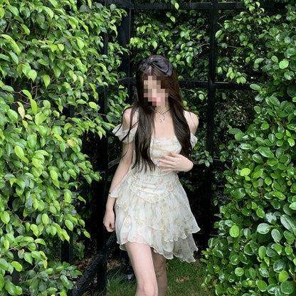 Heavy industry irregular stacked floral summer sweet wind fairy dress