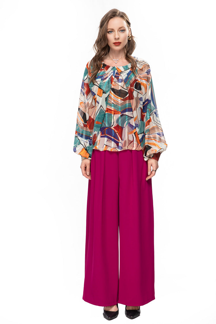 Europe and the United States spring and summer cross-border women's new temperament French printed fashionable top waist wide leg trouser set 231008