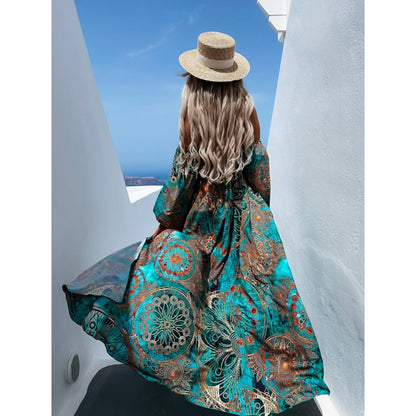 Europe and the United States summer new line collar long sleeve peacock print long dress