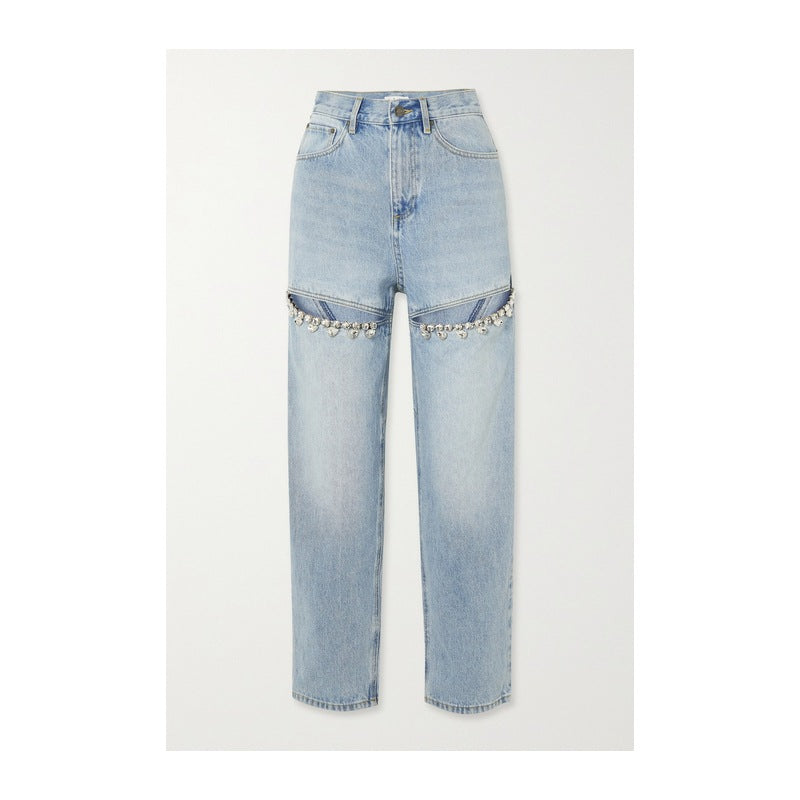Europe and the United States cross-border 2023 new autumn nine-minute pants women crystal decorated high-waisted straight leg jeans