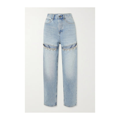 Europe and the United States cross-border 2023 new autumn nine-minute pants women crystal decorated high-waisted straight leg jeans