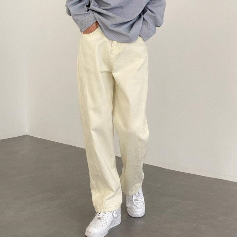 Men's Straight Leg Casual Jeans - Beige Loose Fit